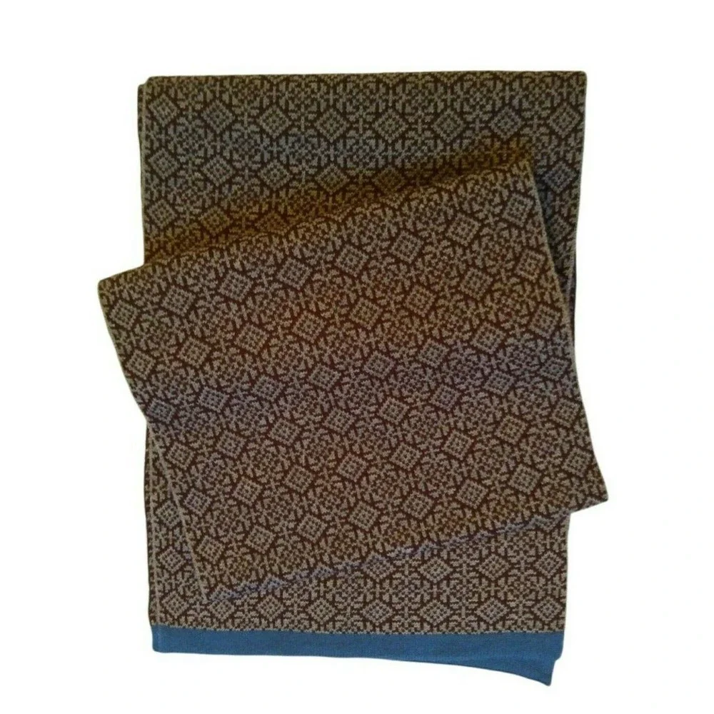 Johnston & Murphy Acrylic Soft Patterned Weave Brown Scarf Blue Trim NEW